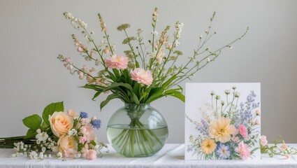 Aufkleber - Floral arrangement in vase with bouquet and floral card on white table against plain background Copy Space