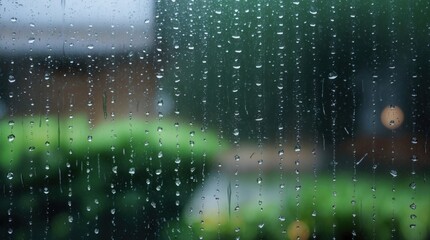 Aufkleber - Rain droplets on a glass window with blurred green plants and lights in the background. Copy Space.