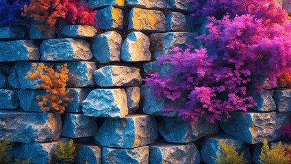 Poster - Colorful foliage growing on a stone wall with vibrant purple and orange plants against a textured rock background Copy Space