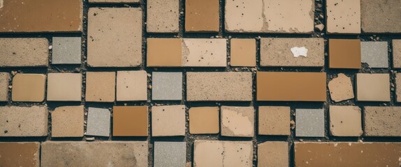 Aufkleber - Textured Mosaic Floor Tiles in Various Shapes and Colors Showing Wear and Tear with Copy Space