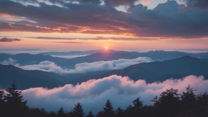 Poster - Sunset Over Mountain Range with Clouds and Tree Silhouettes in Foreground Copy Space