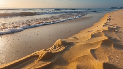 Aufkleber - Golden sandy beach with gentle waves and soft footprints in the sand during sunrise, natural coastal landscape, Copy Space