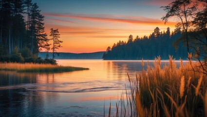 Poster - Autumn sunset over calm lake with reflections, surrounded by trees and tall grass, serene landscape with vibrant colors, Copy Space