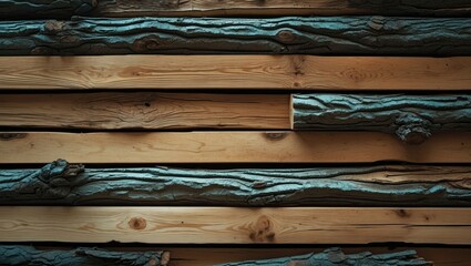 Aufkleber - Textured wooden wall with natural patterns and rustic elements showcasing different shades of brown and green, suitable for backgrounds, Copy Space