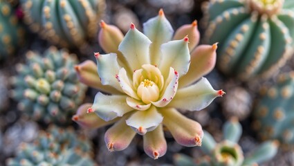 Poster - Colorful succulent plants arranged in a decorative display featuring a prominent pale green flower with pink tips and other varieties in the background. Copy Space