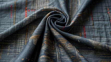 Aufkleber - Textured fabric with intricate patterns in dark colors featuring gold and red accents suitable for various design applications Copy Space