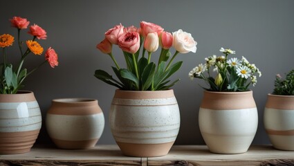 Poster - Flower pots with various blooms displayed on a wooden shelf in a modern interior setting Copy Space