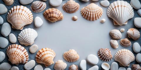 Aufkleber - Seashells and pebbles arranged in a circular frame on a textured surface with copy space for text or design elements