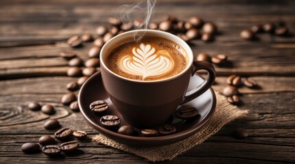Poster - Coffee cup with latte art on wooden table surrounded by coffee beans, natural light, rustic setting, Copy Space