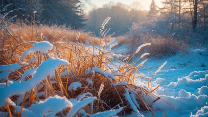 Aufkleber - Snow-covered grass and plants in a winter landscape with soft sunlight illuminating the scene, nature details and textures, Copy Space