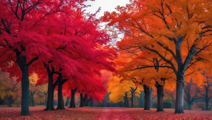 Poster - Colorful autumn forest with vibrant red and orange trees lining a path in a tranquil setting with soft natural light Copy Space