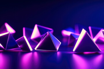 Poster - Pyramids reflect neon light on a shiny surface. Abstract background