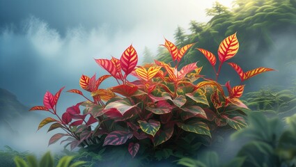 Poster - Colorful foliage of tropical plants with bright red and green leaves surrounded by misty mountains and soft sunlight Copy Space
