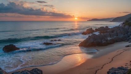 Aufkleber - Scenic sunset over calm ocean waves with rocky shore and sandy beach, vibrant colors in the sky, Copy Space.