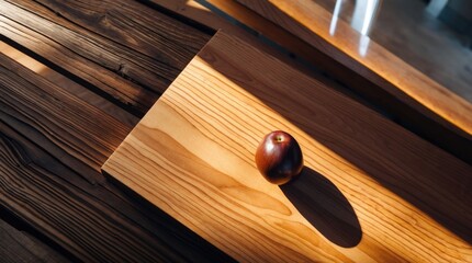 Aufkleber - Red apple on wooden surface with natural light shadow and textures, minimalist composition with ample copy space.