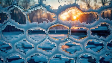 Aufkleber - Frost patterns on glass with sunset in background winter scenery natural light reflection