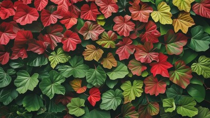 Wall Mural - Colorful collection of lush green and autumnal red leaves with varying shapes arranged in a natural pattern Copy Space