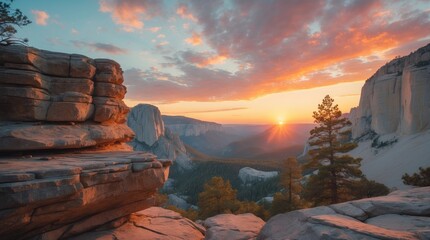 Poster - Yosemite National Park sunset landscape view with rocky foreground and vibrant sky featuring clouds and trees against valley backdrop Copy Space