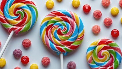Poster - Colorful swirl lollipops and assorted candy on white background with copy space for text