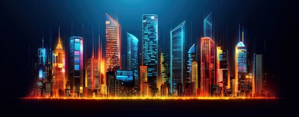 Poster - Bright Urban Skyline at Night with Colorful Lighting and Modern Architectural Designs in a Futuristic Style