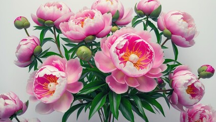 Aufkleber - Pink peonies blooming with green leaves in a modern floral arrangement on a plain background Copy Space