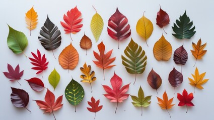 Poster - Colorful assortment of various autumn leaves arranged on a white background with Copy Space for text placement