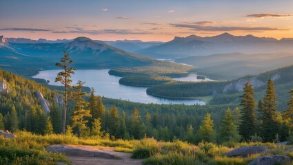 Poster - Breathtaking panoramic view of a serene lake surrounded by lush green forests and majestic mountains under a sunset sky Copy Space