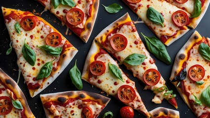 Poster - Slices of pizza topped with cheese, tomato, and basil leaves on a dark surface with additional tomato and basil scattered around, Copy Space