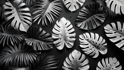 Aufkleber - Monochrome tropical leaves pattern on dark background with various shapes and sizes suitable for design projects Copy Space
