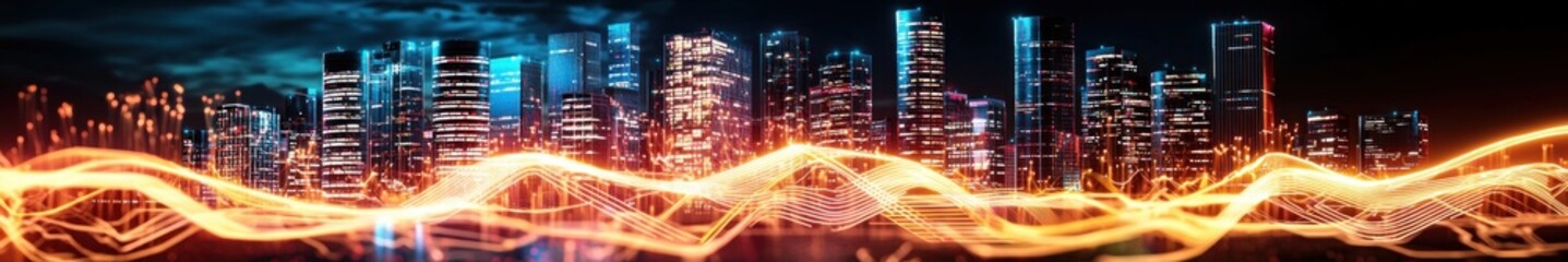 Aufkleber - Futuristic City Skyline at Night with Neon Lights and Dynamic Energy Waves in the Foreground