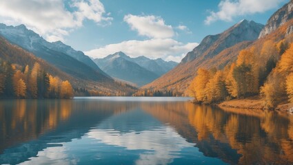 Aufkleber - Mountainous landscape with autumn foliage reflecting on calm lake water under a partly cloudy sky Copy Space