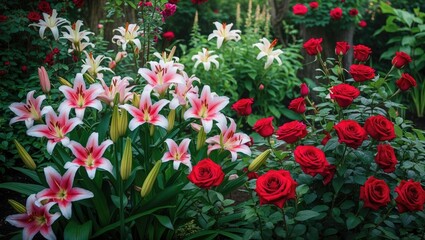Poster - Colorful garden scene featuring blooming pink lilies and vibrant red roses surrounded by lush green foliage with natural light. Copy Space.