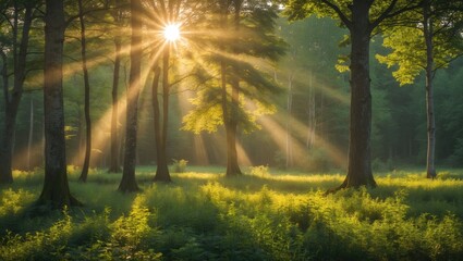 Canvas Print - Sunlight breaking through trees in a lush green forest with dramatic sun rays and vibrant foliage Copy Space