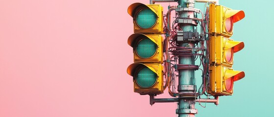 Poster - Bright Traffic Signal Over a Colorful Background with Pink and Green Hues for Urban and Modern Themes