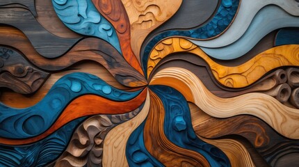 Aufkleber - Colorful abstract wood carving patterns with intricate designs and layered textures suitable for creative projects. Copy Space