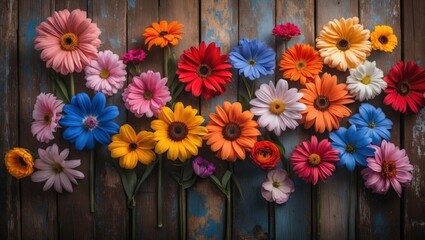 Aufkleber - Vibrant assortment of colorful flowers arranged on a rustic wooden surface with Copy Space for text placement