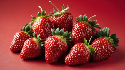 Aufkleber - Fresh ripe strawberries arranged on a red background with green leaves visible Copy Space