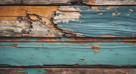 Aufkleber - Wooden wall with peeling paint in blue and orange tones textured background with copy space for text or design