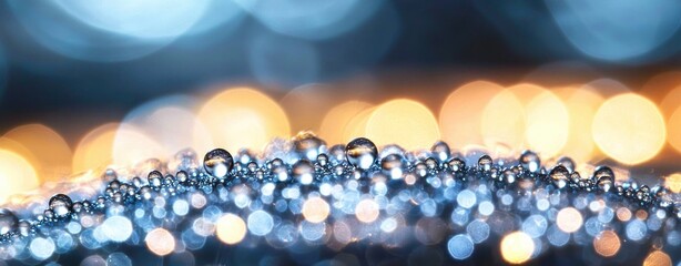Aufkleber - Macro shot of water droplets reflecting colorful lights on a smooth surface with a dreamy bokeh background