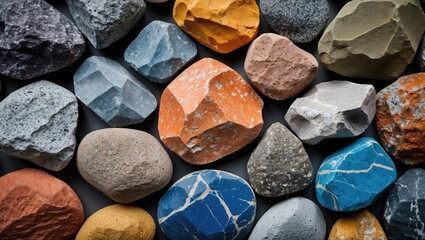 Aufkleber - Colorful assortment of various shaped and textured rocks and stones arranged on a flat surface with Copy Space.