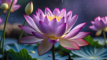 Aufkleber - Beautiful pink lotus flower with layered petals on tranquil water surface surrounded by green lily pads and soft bokeh background Copy Space