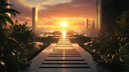 Wall Mural - Futuristic sunset paradise, pathway to ocean, tropical plants, skyscrapers, tranquil scene; website banner