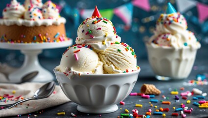 Aufkleber - Ice cream scoops in white bowl with colorful sprinkles and festive decorations on dark background Copy Space