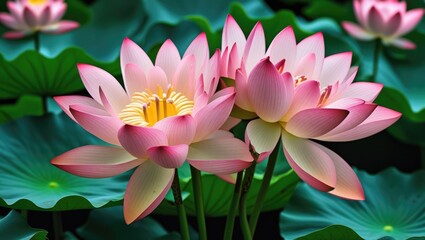 Aufkleber - Beautiful pink lotus flowers blooming among green large leaves in a tranquil pond setting with Copy Space for text