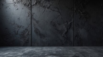 Wall Mural - Abstract textured dark wall with concrete floor showcasing rough surfaces and shadows suitable for background or display purposes Copy Space