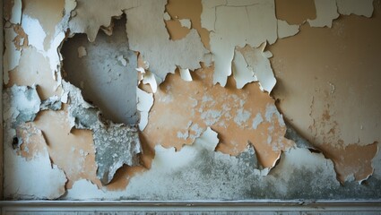 Aufkleber - Peeling paint and damaged wall surface in an abandoned interior space showing layers of texture and decay with Copy Space
