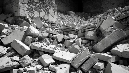 Poster - Collapsed rubble and debris in an abandoned building interior with textured stone and concrete fragments, disorderly arrangement, Copy Space.