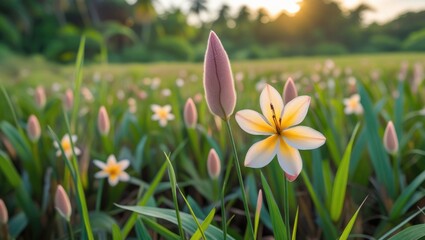 Aufkleber - Blooming tropical flowers in a lush green field during sunset with soft focus and copy space for text.