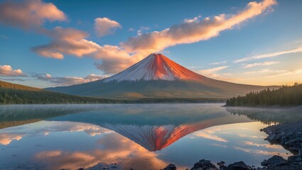 Poster - Mount Fuji with Snow-Capped Peak Reflecting in Calm Lake at Sunrise with Colorful Sky and Tree Line in Foreground Copy Space