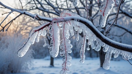 Aufkleber - Icy branches with frozen droplets and snowfall in winter landscape at sunset, nature beauty, Copy Space